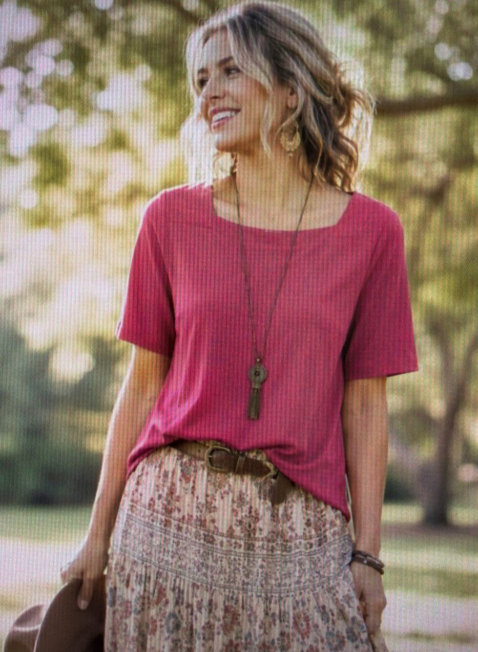 LL Bean Top Women’s XL Square Neck Cotton Short t Sleeve pink classic basic